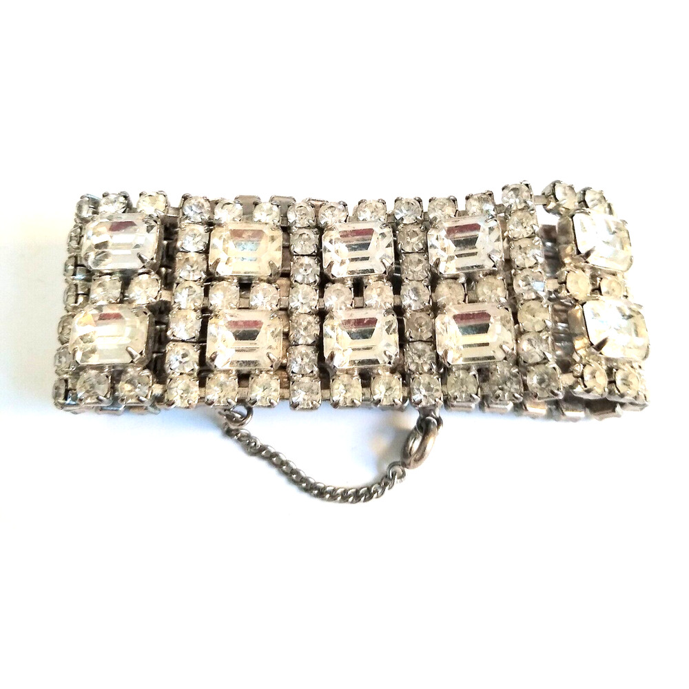 Vintage Weiss Clear Rhinestone 7 Row 60's Bracelet 7"